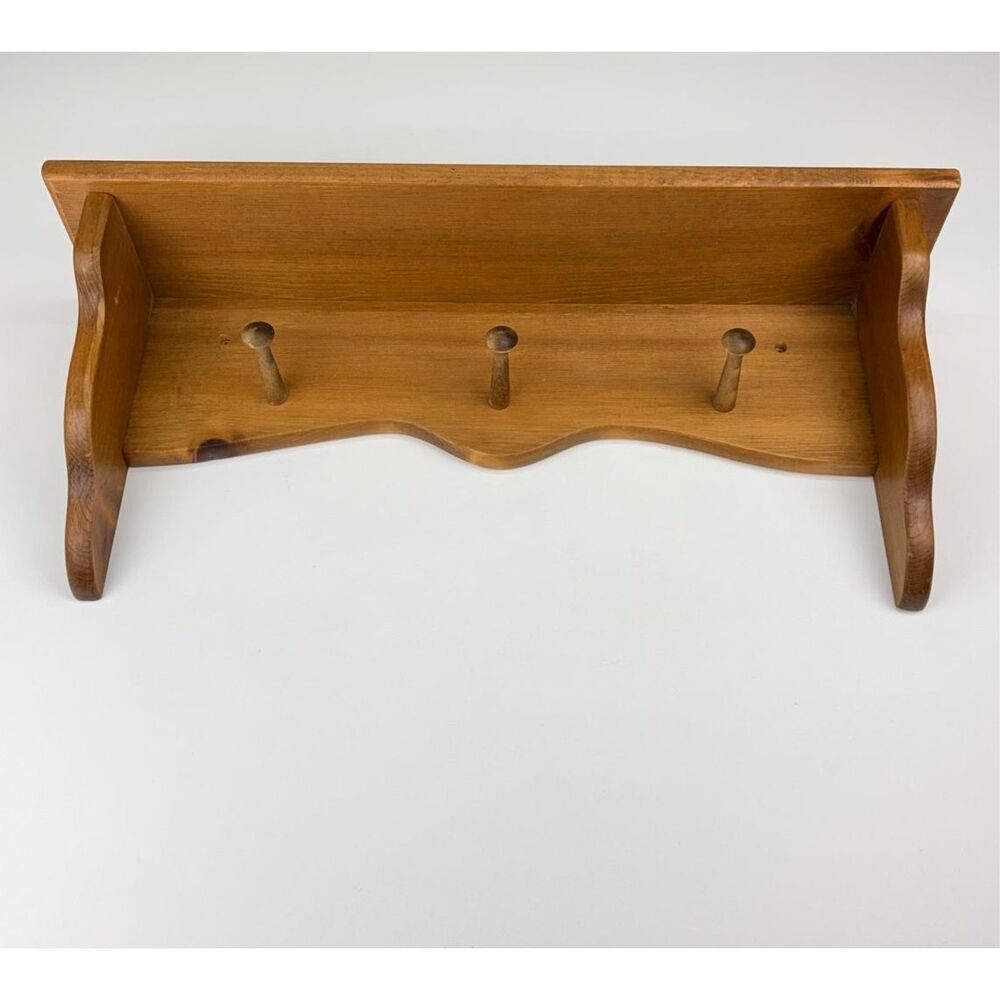 Vintage Cottage Core Farmhouse 3 Peg Shelf 24″ Rustic Wooden Wall Rack